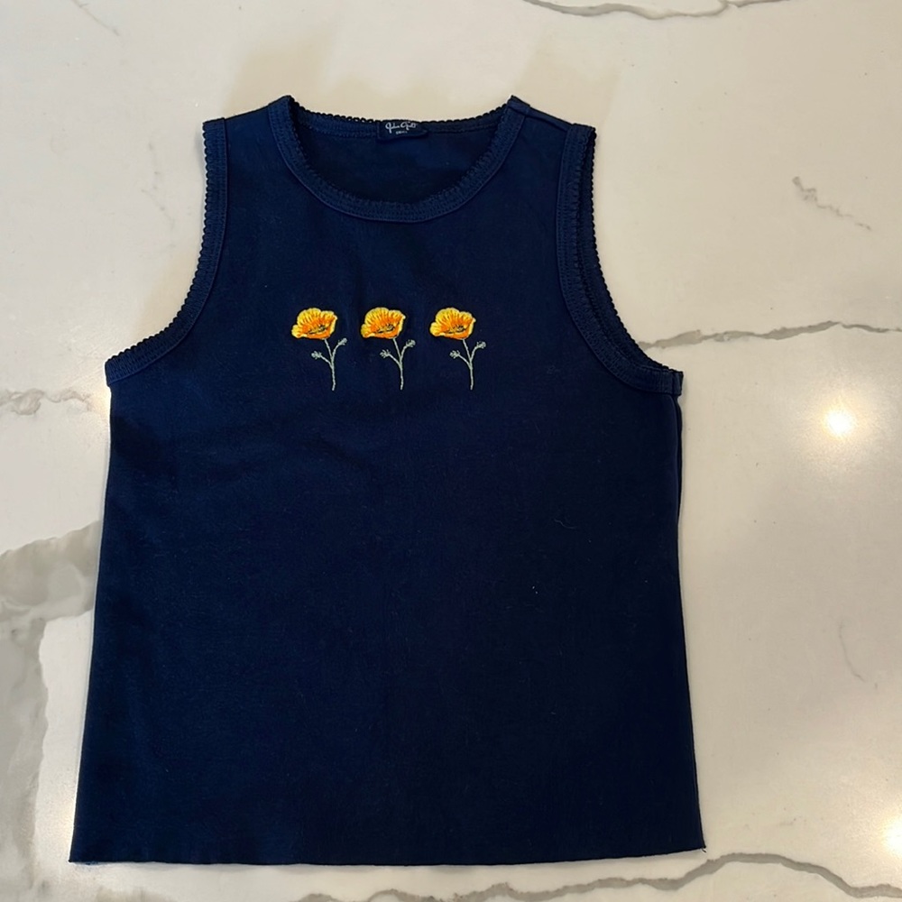 Navy Blue Tank Top With Three Orange and Yellow Flowers